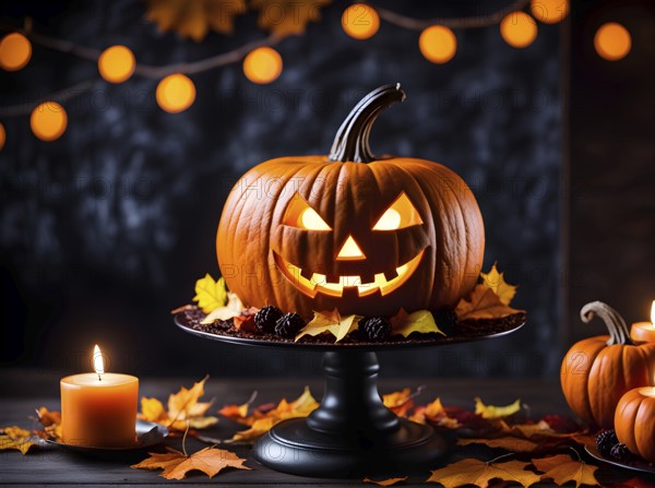 Halloween orange ribbed pumpkin or jack-o-lantern glowing on a cake stand, autumn leaves and pumpkins around on a wooden table, dark background with warm lights. AI generated
