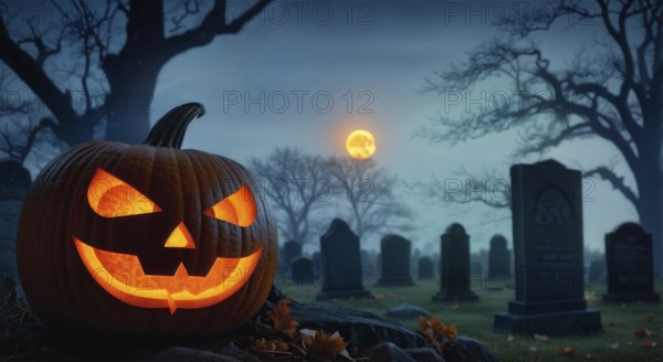 A carved Halloween pumpkin, a jack o lantern glowing in the cemetery at night under the light of the full moon, bare twisted trees, graves. AI generated