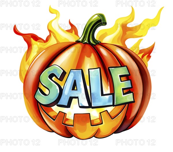 A vibrant painted burning pumpkin with the word 'SALE' and flames, conveying a hot Halloween sales and offers theme. AI generated