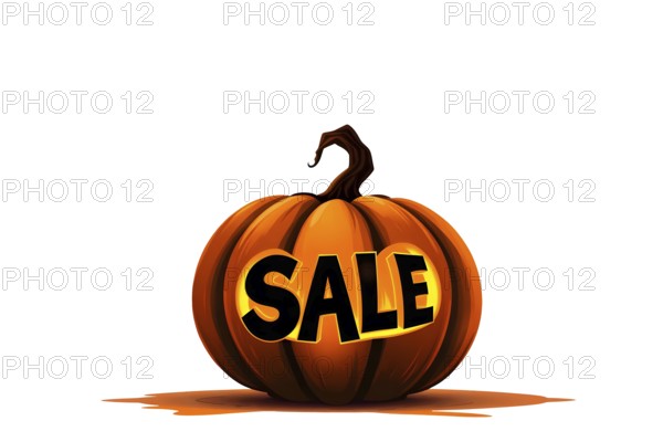 An orange pumpkin with the word 'SALE' carved into it, set against a white background, conveying a festive Halloween promotion. AI generated