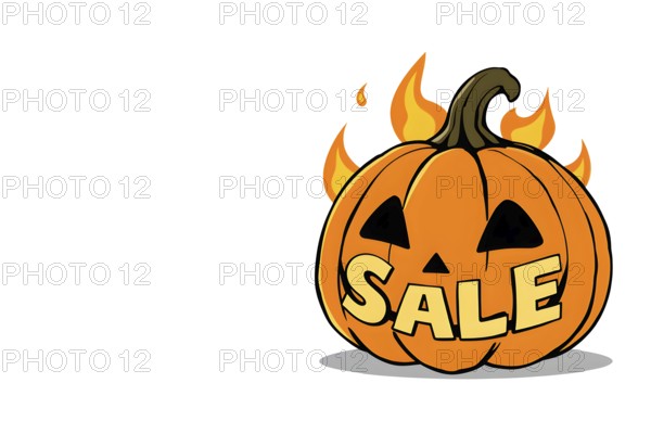 A flaming cartoon jack-o-lantern in fire with text sale for Halloween special offers or marketing promotions during the spooky season, clean white background. AI generated
