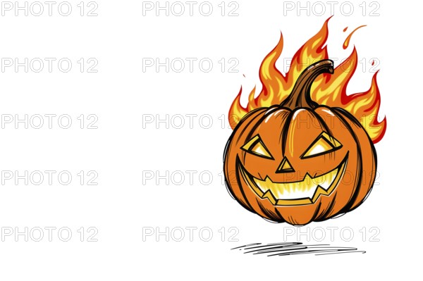 A flaming jack-o'-lantern with a sinister grin, set against a white background, Halloween theme. AI generated