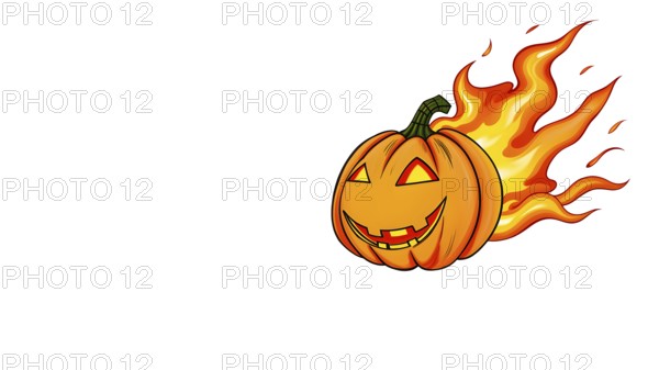 A cartoon jack-o'-lantern in fire with a flaming trail, symbolizing Halloween hot sale or special offers. AI generated