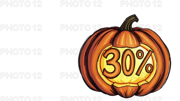 Illustration of a pumpkin with a 30% discount symbol carved, themed for Halloween sale. AI generated
