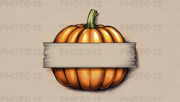 A detailed drawing features a round orange pumpkin with textured grooves and a blank banner wrapped around its middle. Ideal for seasonal autumnal, Halloween, or Thanksgiving decorations or marketing advertisements. AI generated