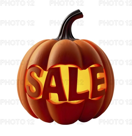A carved pumpkin with text 'SALE' lit from within, creating a festive Halloween atmosphere. AI generated