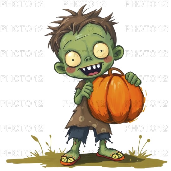 Cute green zombie kid with rosy cheeks holding a pumpkin bucket against white background on Halloween. AI generated