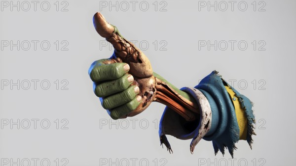 A realistic 3D cartoon green zombie hand with exposed muscles giving a thumbs up, Halloween or Day of the Dead theme. AI generated