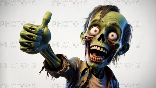 Cartoon zombie with green skin giving a thumbs up, featuring an excited expression. AI generated