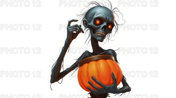 A graceful zombie with glowing eyes delicately holds an orange pumpkin bucket. This unique figure embodies a spooky charm perfect for Halloween celebrations, standing out in a white backdrop. AI generated