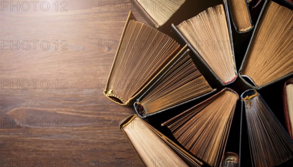 Old books arranged highlighting their historical significance. Neatly arranged representing a collection of wisdom, AI generated