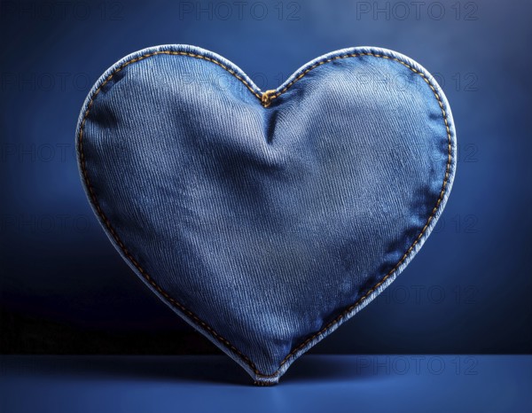 A beautiful heart-shaped denim pillow, symbolizing love and creativity, designed from repurposed blue denim. Showcasing intricate stitching and a distinctive design. Perfect for concepts of love, fashion, or upcycling handmade projects, AI generated