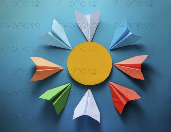 Six colorful origami paper airplanes are displayed in a creative arrangement on a bright background, emphasizing creativity, symmetry, and vibrant artistic expression. Perfect for themes related to art, craft, and fun, AI generated