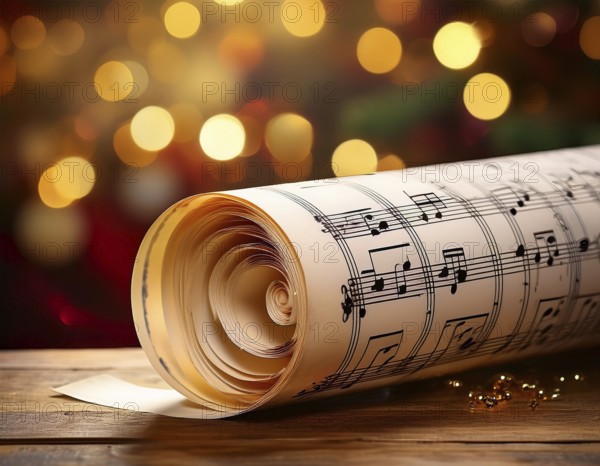 A close-up image of rolled sheet music placed on a rustic surface, highlighted by a warm bokeh effect created by glowing lights in the blurred background, AI generated