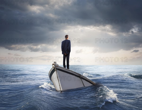 A surreal and contemplative scene of a businessman standing alone on a boat over calm ocean waters. The setting evokes introspection, isolation, and determination amidst serene and tranquil surroundings, AI generated