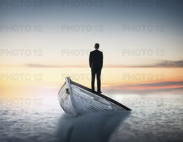 A surreal and contemplative scene of a businessman standing alone on a boat over calm ocean waters. The setting evokes introspection, isolation, and determination amidst serene and tranquil surroundings, AI generated