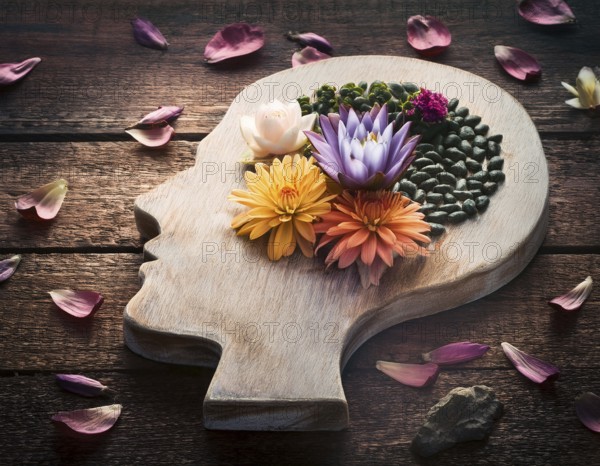 Conceptual artwork showcasing the silhouette of a person overlapping with a serene natural scene, symbolizing mindfulness, personal growth, and unity with nature. Vibrant visuals emphasize harmony and mental well-being, AI generated