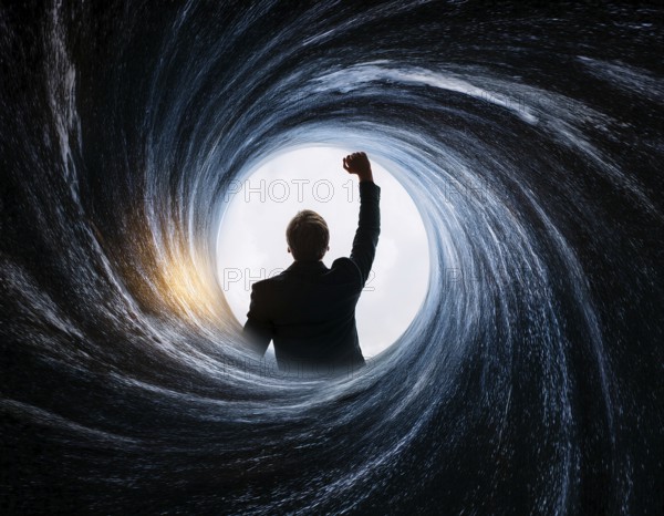 A silhouette of a person appears to fall into a brightly lit vortex amidst cosmic spirals, AI generated