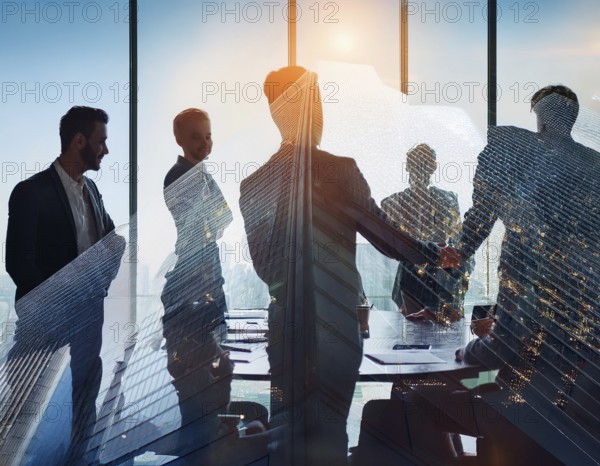 Double exposure image of business people with a modern city. Concept of teamwork, AI generated
