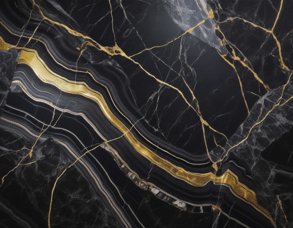 Abstract black marble texture with intricate gold veins and luxurious visual appeal, perfect for backgrounds, design, or decor, showcasing timeless elegance, sophistication, and rich artistic expression, AI generated