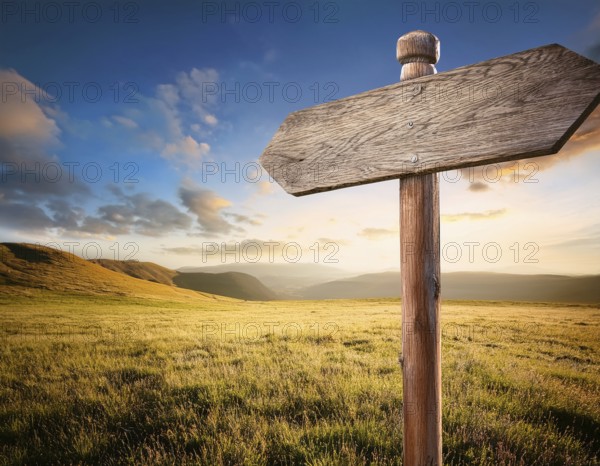 A weathered wooden sign stands in a vast setting, evoking feelings of adventure. The clear blue sky and open terrain make it a perfect symbol of exploration and the unknown, AI generated