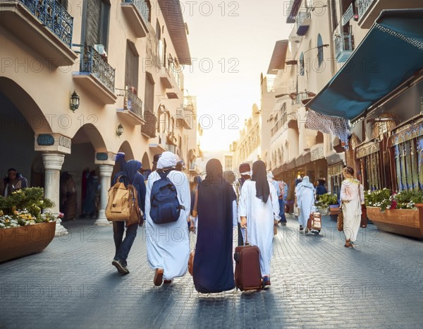 Travelers walk through an scanic architecture and culture of Muslim country, AI generated