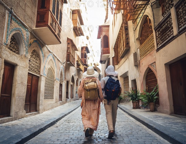 Travelers walk through an scanic architecture and culture of Muslim country, AI generated
