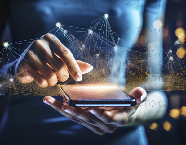 A close-up of a hand using a smartphone with a glowing digital network overlay, illustrating advanced technology, connectivity, and modern device interaction in a conceptual design emphasizing innovation, AI generated