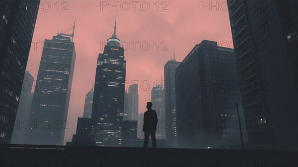 Celebrate ambition with man silhouette cityscape art, a motivational poster symbolizing dreams, growth, and modern journeys, AI generated