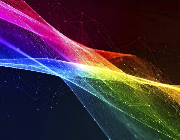 Abstract technology network wall art with glowing multi-color lines and nodes, futuristic digital background for modern décor, AI generated