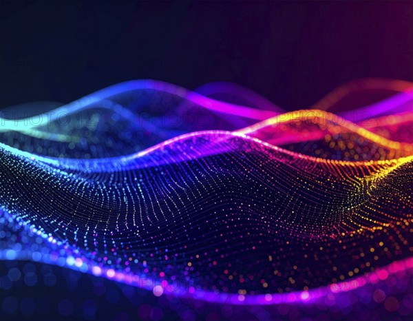 Abstract technology network wall art with glowing multi-color lines and nodes, futuristic digital background for modern décor, AI generated