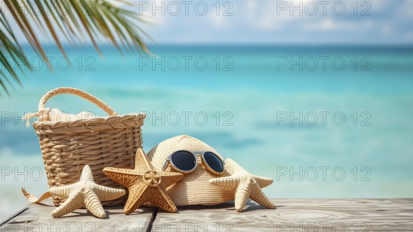 Summer holiday concept poster with starfish, sunglasses, and hat, symbolizing relaxation, joy, and seaside vibes, AI generated