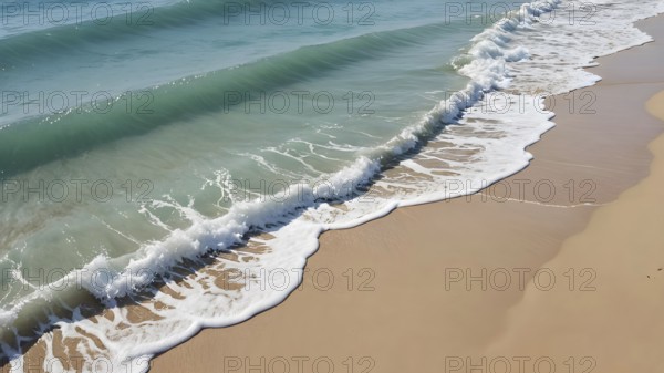 Sandy beach art print featuring ocean tranquility, a decorative seascape poster celebrating harmony, peace, and natural beauty, AI generated