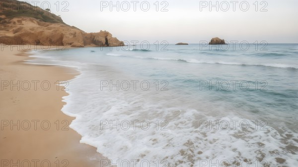 Sandy beach art print featuring ocean tranquility, a decorative seascape poster celebrating harmony, peace, and natural beauty, AI generated