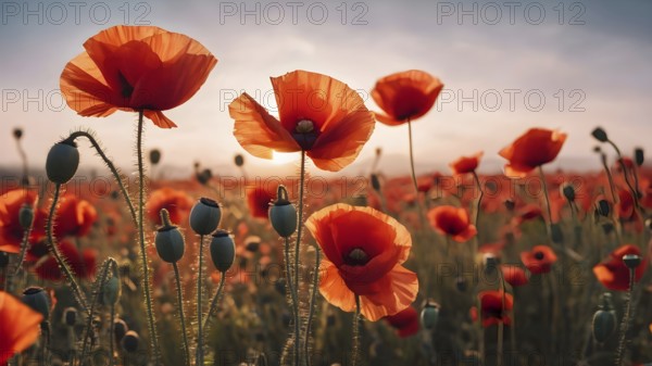Poppy field wall art print featuring a blooming landscape, celebrating natural beauty, harmony, and vibrant floral elegance, AI generated