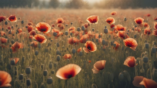 Poppy field wall art print featuring a blooming landscape, celebrating natural beauty, harmony, and vibrant floral elegance, AI generated