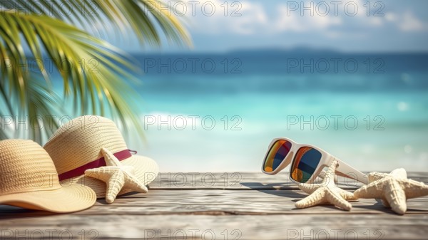 Summer holiday concept poster with starfish, sunglasses, and hat, symbolizing relaxation, joy, and seaside vibes, AI generated