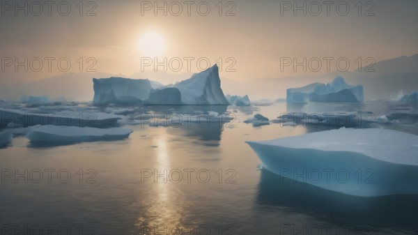 Melting iceberg in sea art print, symbolic wall decor reflecting climate change, nature's fragility, and environmental awareness, AI generated