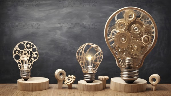 Light bulb with gears concept poster symbolizing creativity, invention, innovation, mechanical design, and bright visionary ideas, AI generated