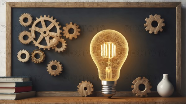 Light bulb with gears concept poster symbolizing creativity, invention, innovation, mechanical design, and bright visionary ideas, AI generated