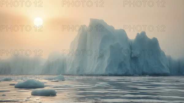 Melting iceberg in sea art print, symbolic wall decor reflecting climate change, nature's fragility, and environmental awareness, AI generated