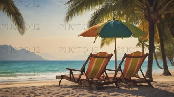 Pair of beach chairs seaside art print, holiday concept poster symbolizing companionship, relaxation, and ocean tranquility, AI generated