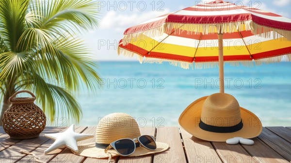 Summer holiday concept poster with starfish, sunglasses, and hat, symbolizing relaxation, joy, and seaside vibes, AI generated