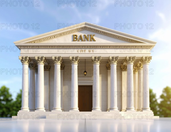 Bank building facade with classical columns, symbolizing finance, economic stability, investment power, and institutional financial heritage, AI generated