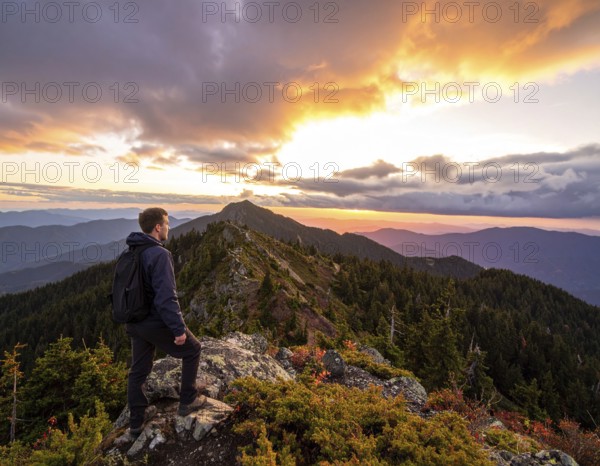 Traveler with backpack overlooking mountain valley at sunrise, symbolizing adventure, exploration, freedom, and connection with nature, AI generated