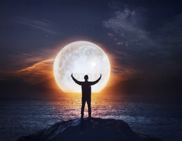Man silhouette with giant glowing moon in night sky, symbolizing reflection, cosmic mystery, and spiritual inspiration, AI generated