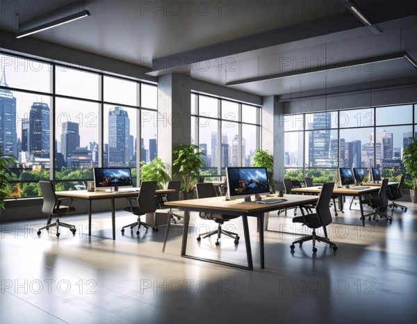 Modern coworking space with laptops, coffee cups, and plants in daylight, reflecting creativity, teamwork, and productivity, AI generated