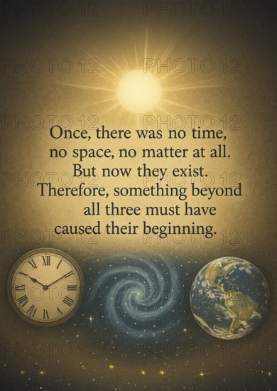Printable art piece expressing that life's first moment could not appear without an intentional cause, AI generated