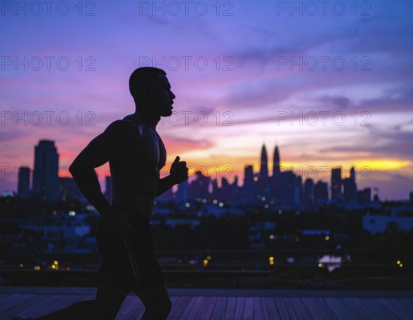 A cinematic silhouette of an athletic man running, representing fitness, endurance, wellness, and healthy active living, AI generated