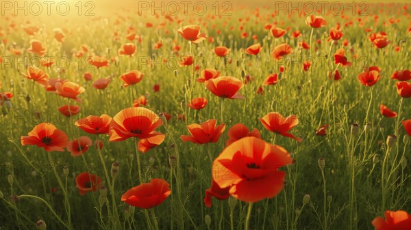 Poppy field wall art print featuring a blooming landscape, celebrating natural beauty, harmony, and vibrant floral elegance, AI generated